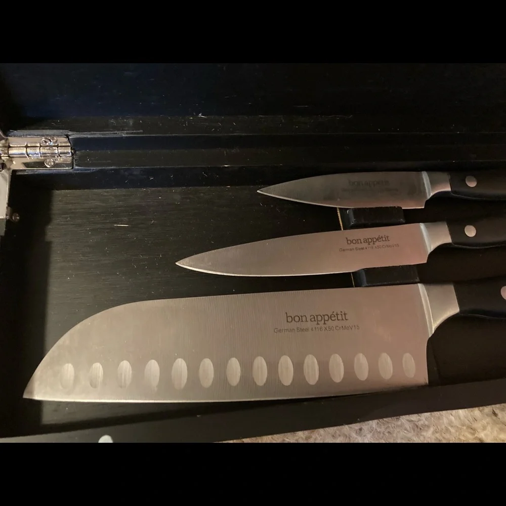 Bon Appetit 3-pc German Steel Cutlery Knives in Black Bamboo Case